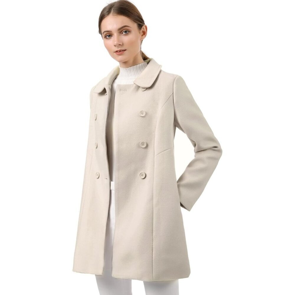 Women's Beige Peter Pan Collar Double Breasted Winter Long Trench Pea Coat